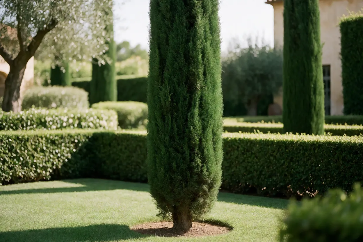 Cipreste italiano maduro como ponto focal em jardim