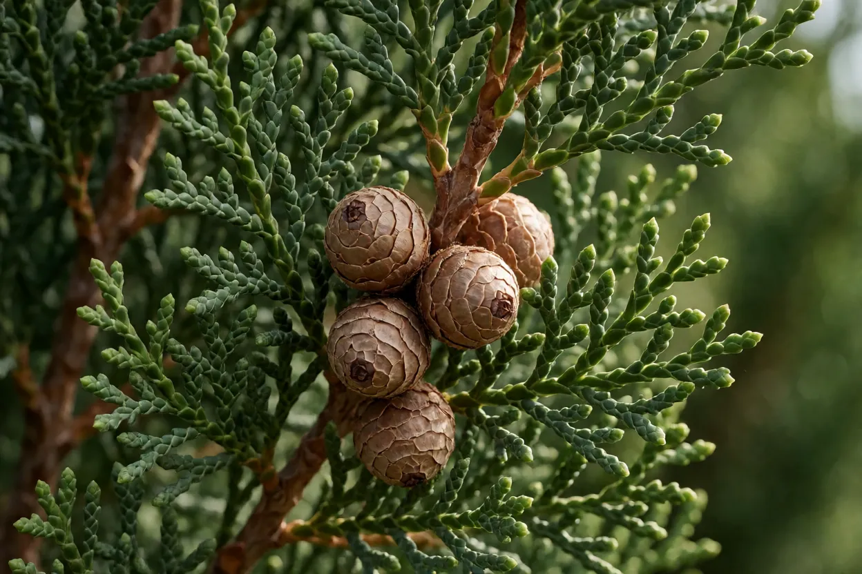 Detalhe das folhas escamiformes e cones do cipreste italiano