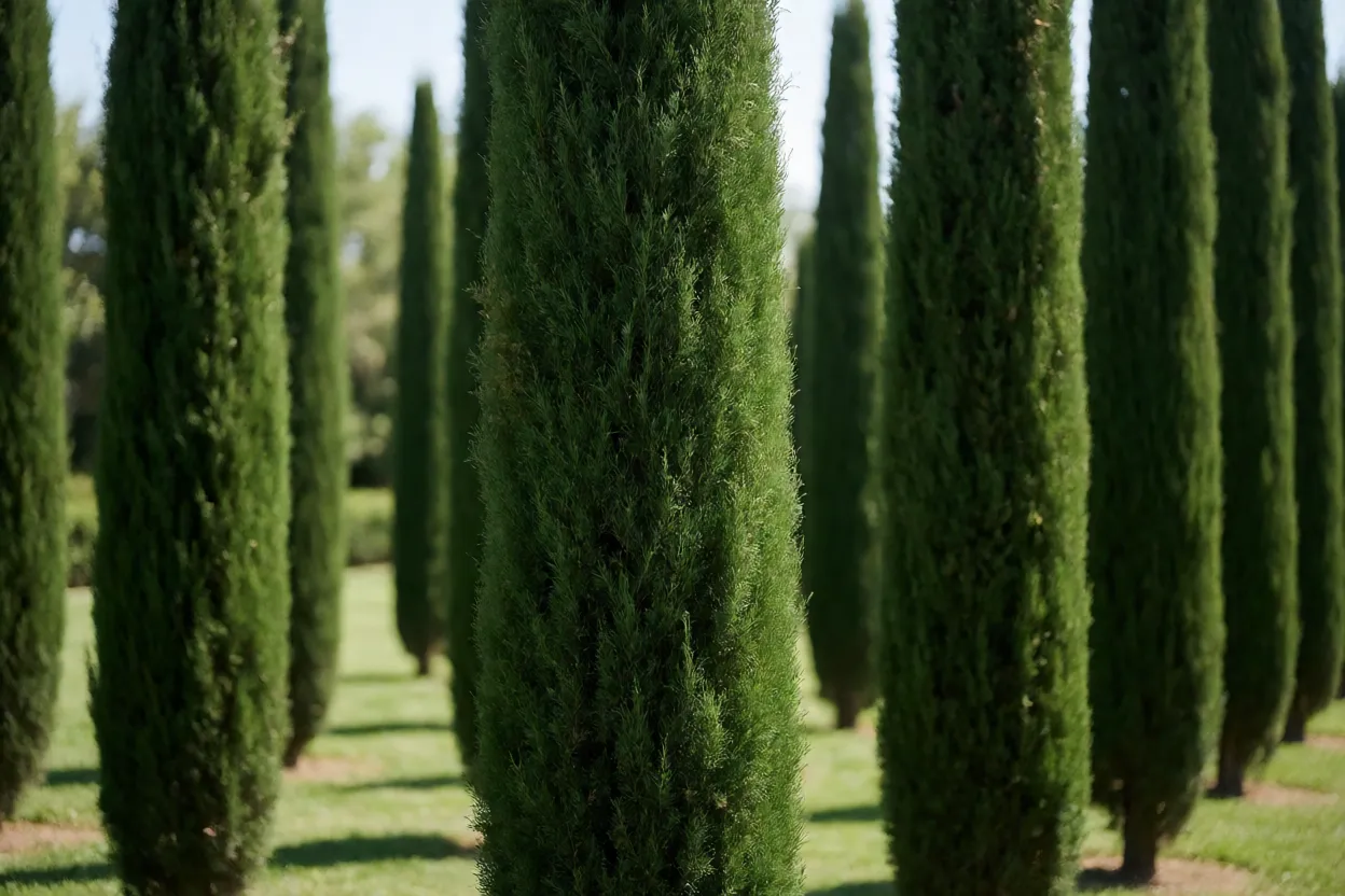 Linha de ciprestes italianos formando colunas verticais em paisagem