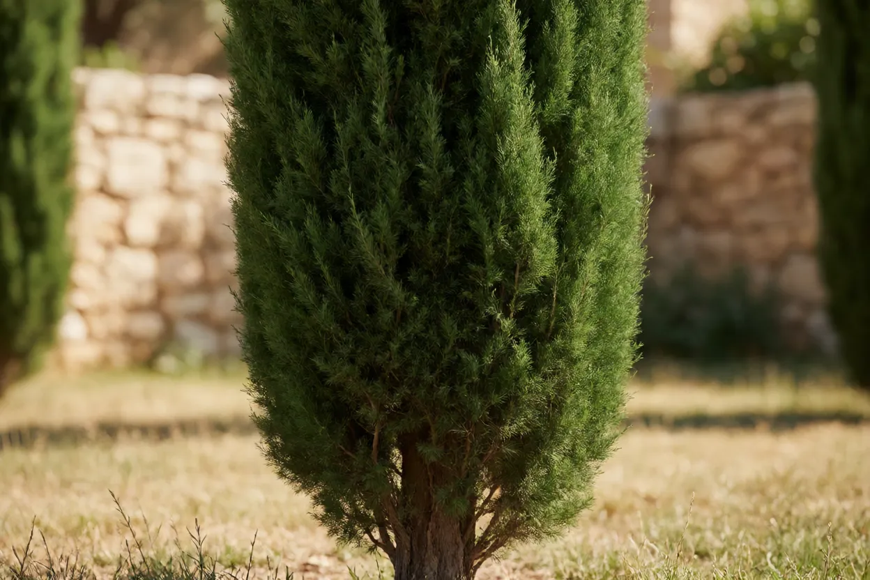 Cipreste italiano recebendo sol pleno em jardim mediterr&acirc;neo