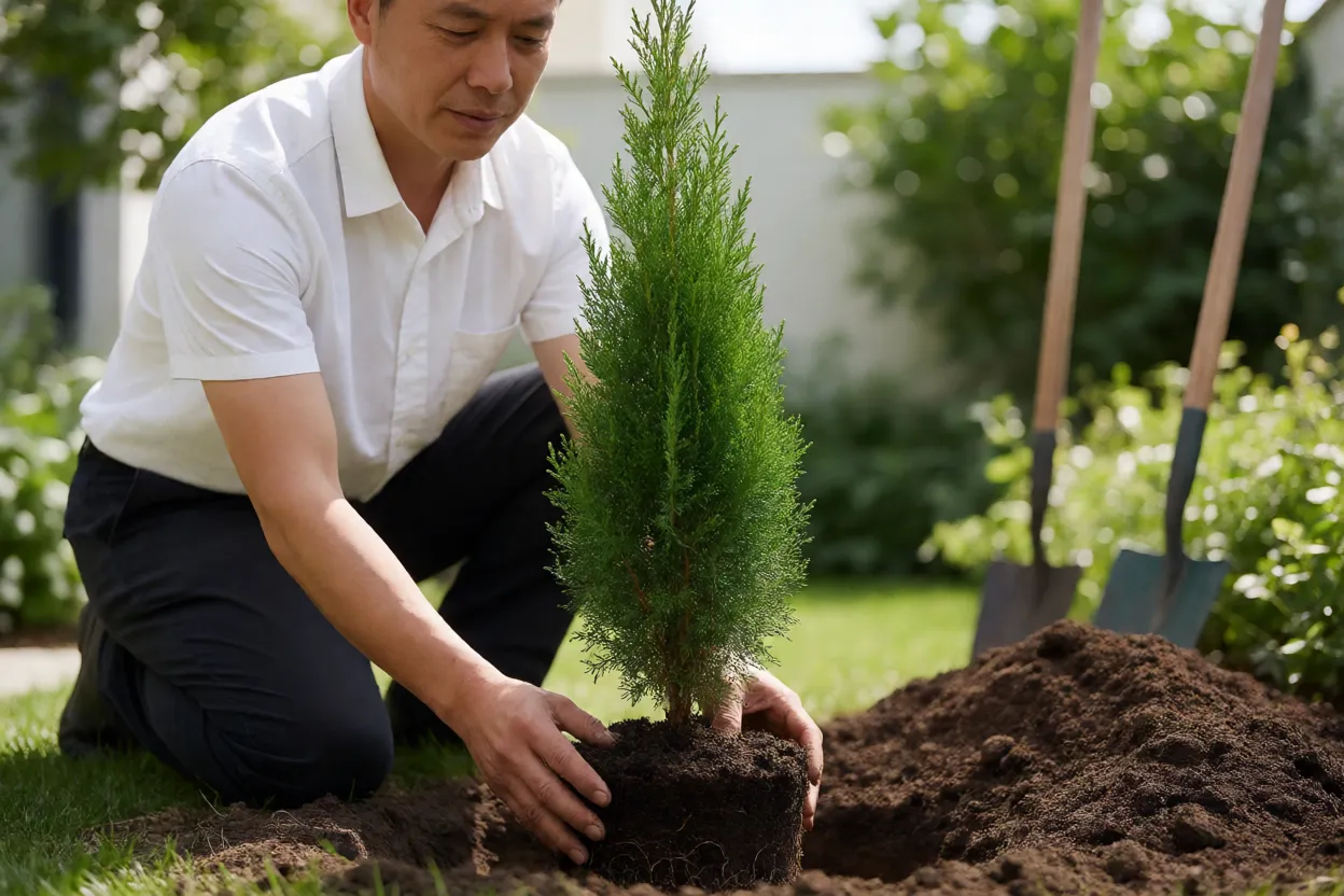 Plantio de muda de cipreste italiano com cova preparada