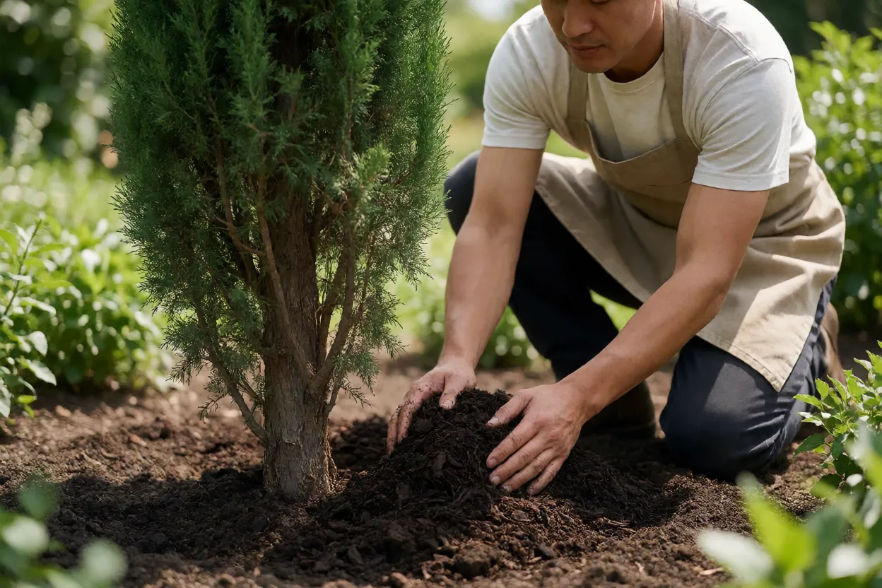 Aplica&ccedil;&atilde;o de composto org&acirc;nico ao redor de cipreste italiano