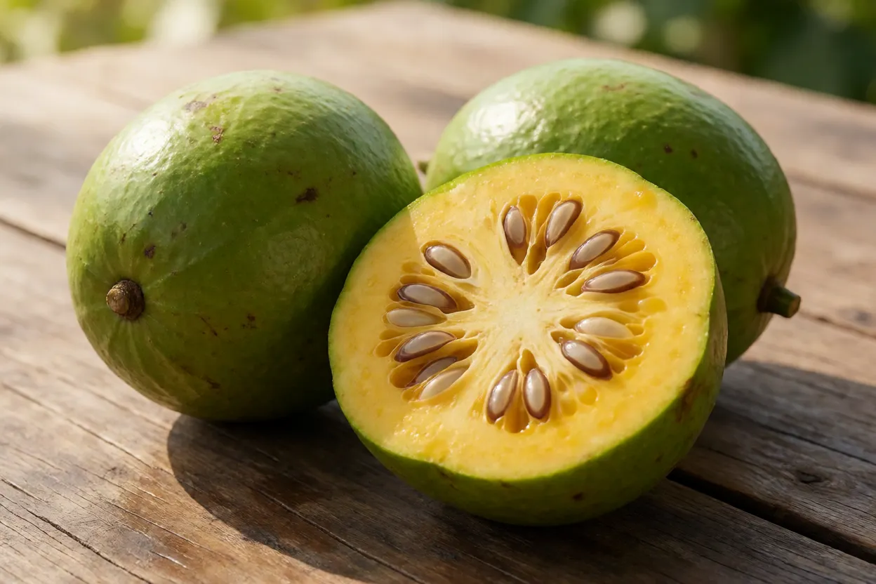Ciriguelas frescas inteiras e uma cortada ao meio mostrando polpa amarela e caroço