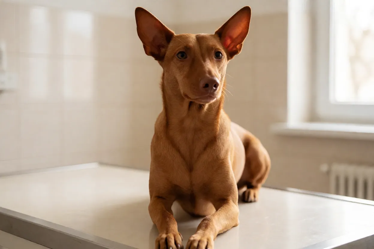 Cirneco do Etna: origem, características, personalidade e cuidados Cirneco do Etna em consulta veterinária, expressão calma