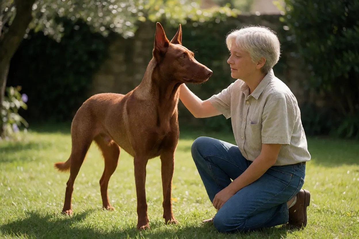 Cirneco do Etna: origem, características, personalidade e cuidados Cirneco do Etna interagindo calmamente com criança em jardim