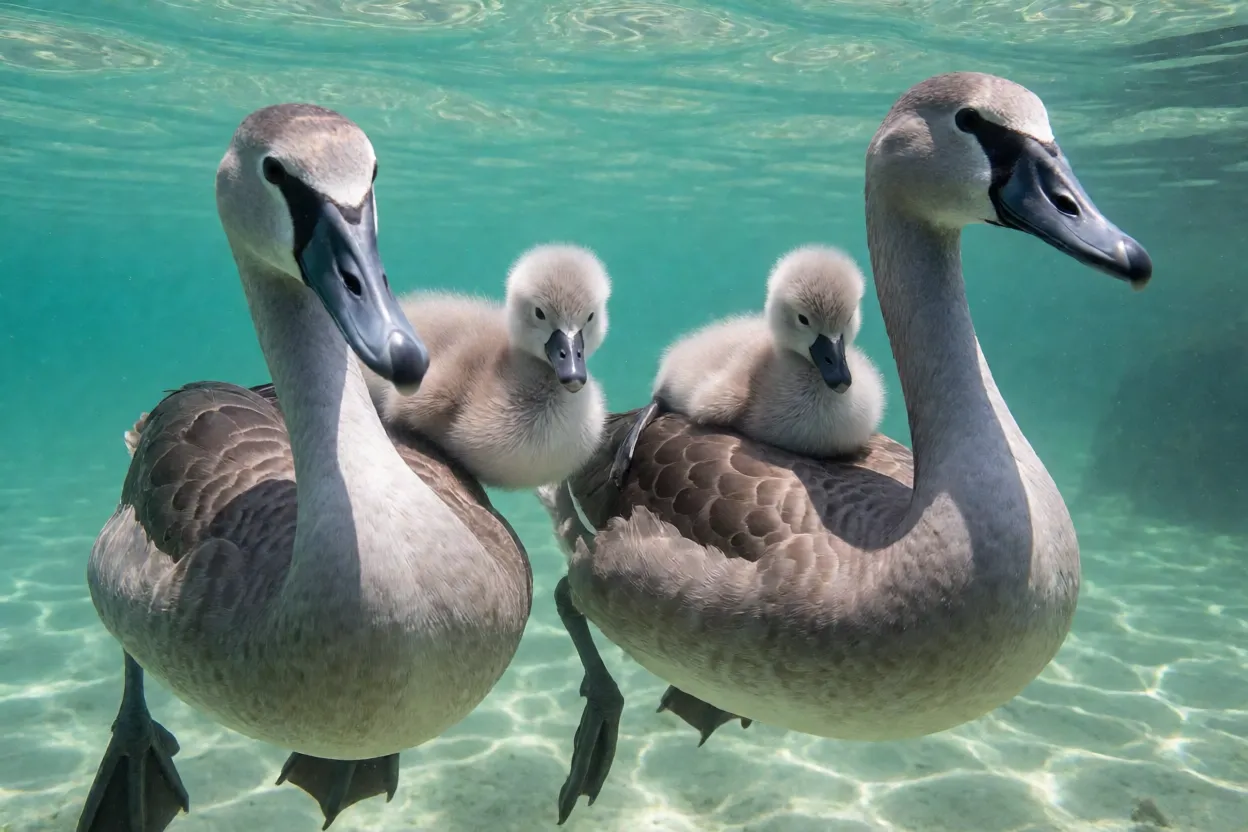 Família de cisne-branco com filhotes acinzentados nas costas