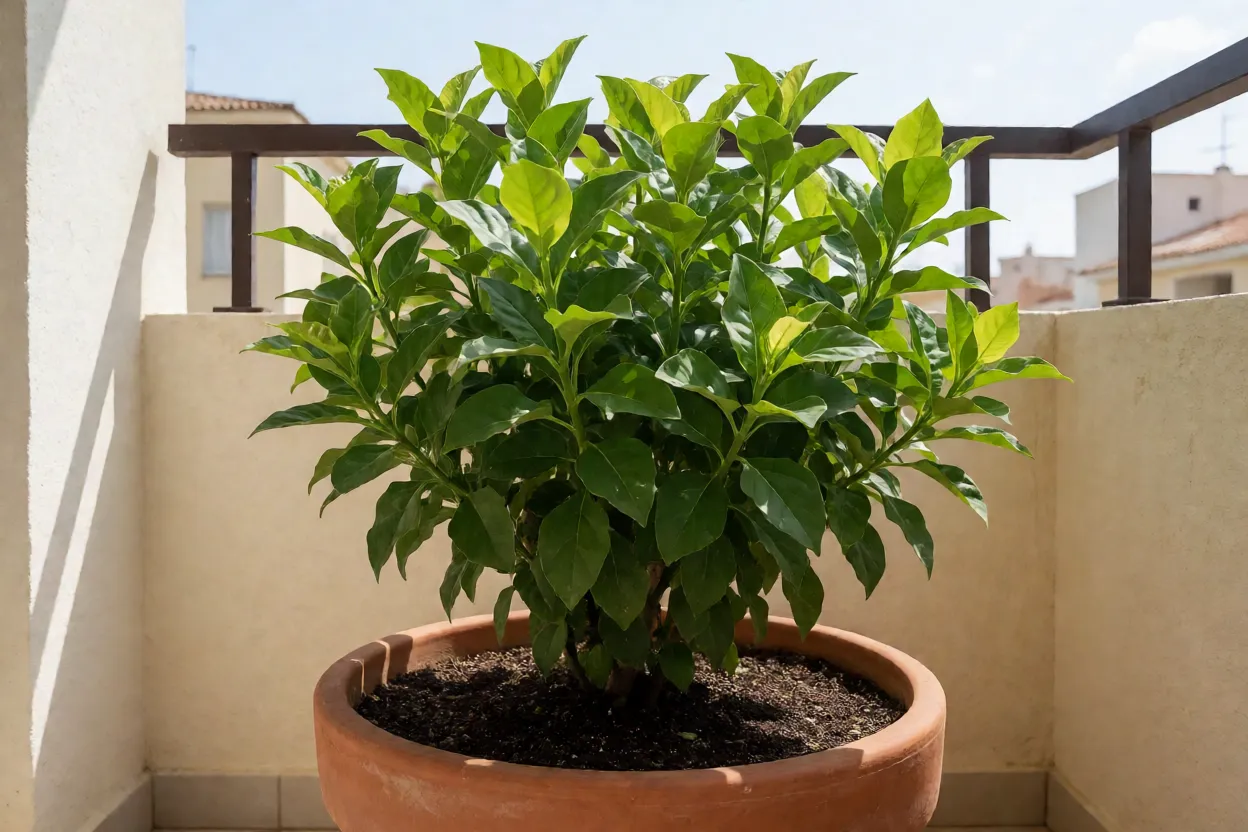 Citronela cultivada em vaso grande de barro em varanda ensolarada