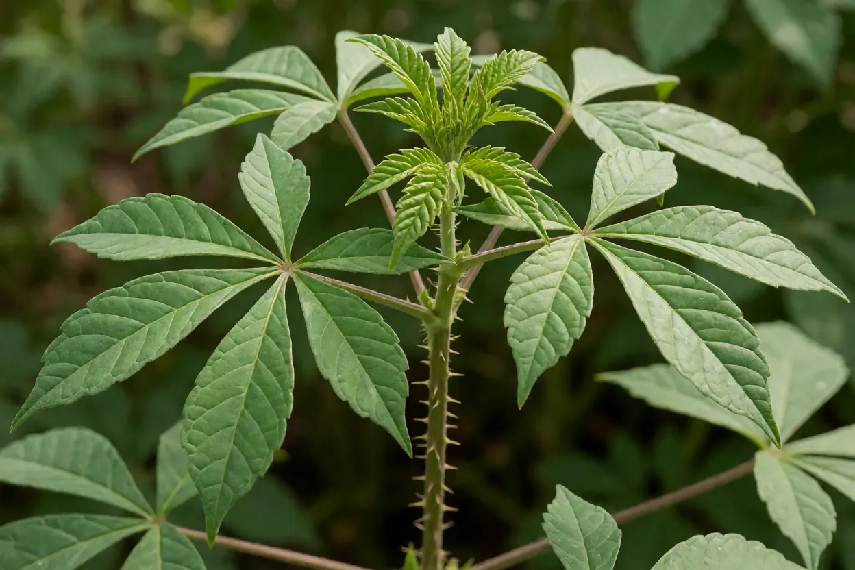 Folhas palmadas e caule da Cleome com pequenos espinhos