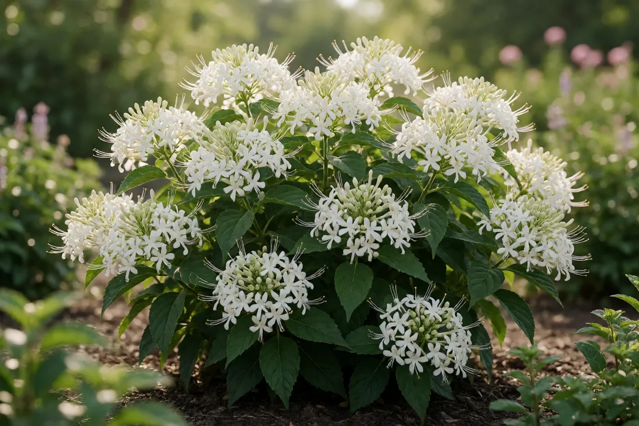 Clerodendro-branco adulto florido no jardim com cachos de flores brancas