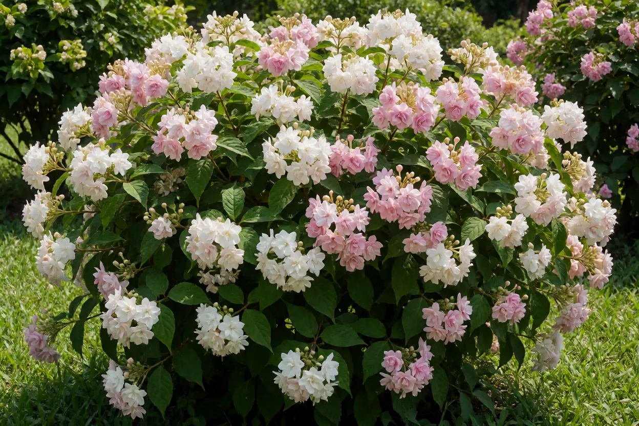 Clerodendro-perfumado adulto florido no jardim com buquês de flores brancas dobradas