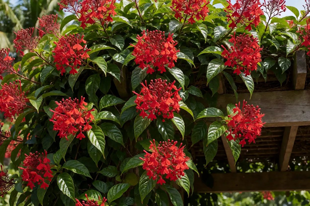 Clerodendro-vermelho adulto florido cobrindo pérgola com cachos de flores vermelho-escarlate