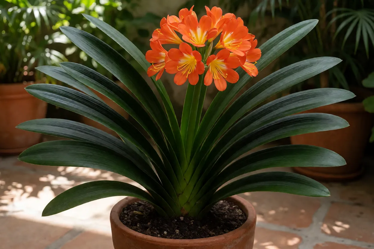 Clívia florida em vaso de barro com flores laranja em varanda sombreada