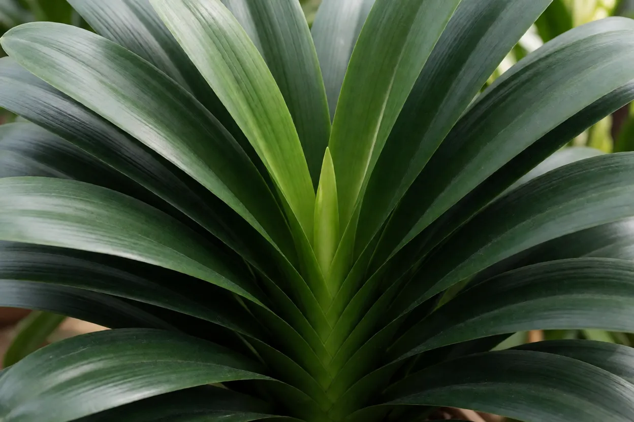 Folhas largas e coriáceas da clívia em leque