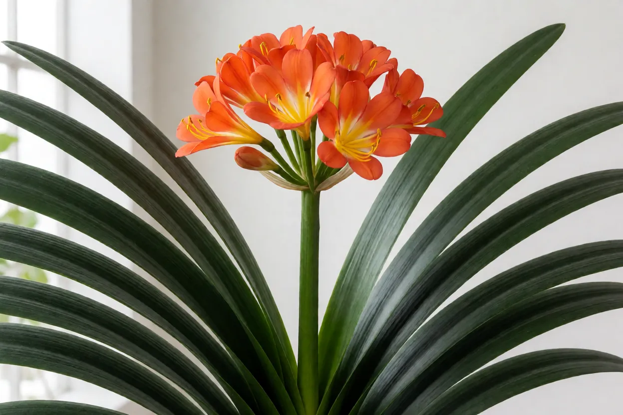 Clívia: características, cores, floração e como cuidar Clívia miniata com folhas largas e flores alaranjadas em umbela