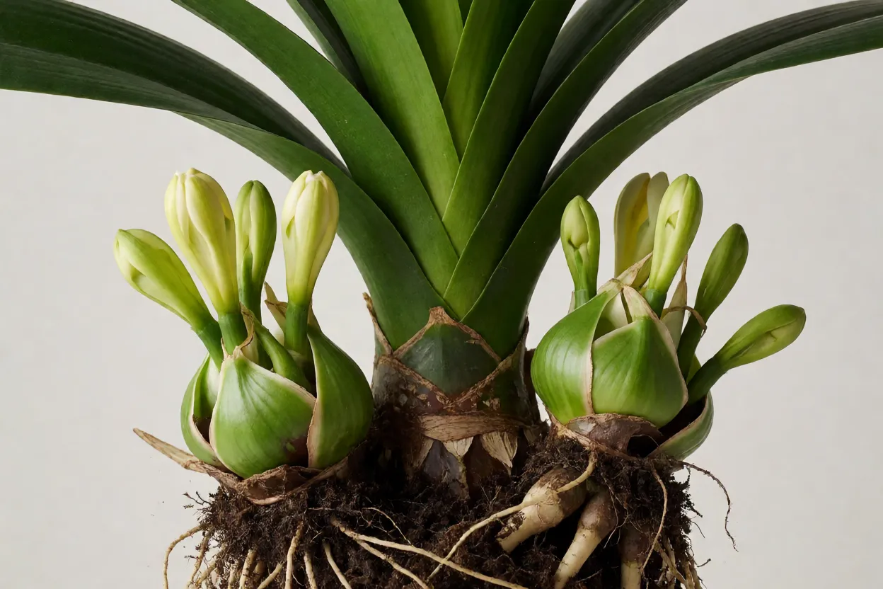 Clívia: características, cores, floração e como cuidar Divisão de touceira de clívia com mudas e raízes