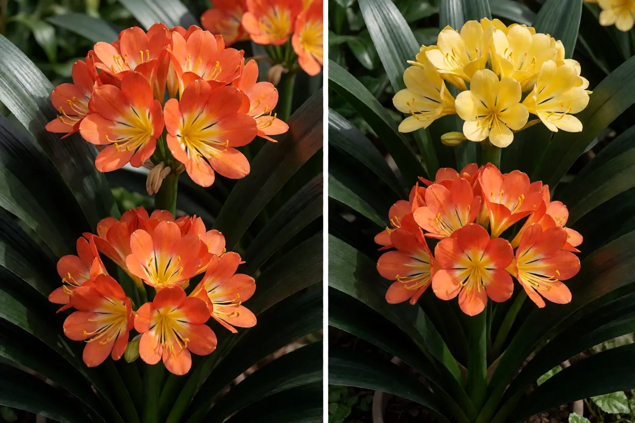 Clívia: características, cores, floração e como cuidar Diferentes cultivares de clívia com flores amarelas e laranja