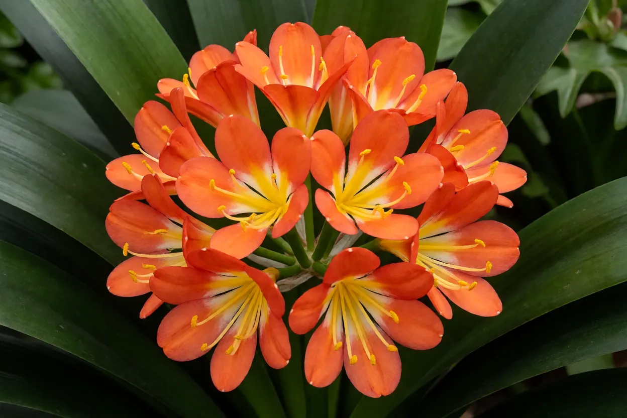 Clívia: características, cores, floração e como cuidar Haste floral de clívia com umbela de flores laranja abertas