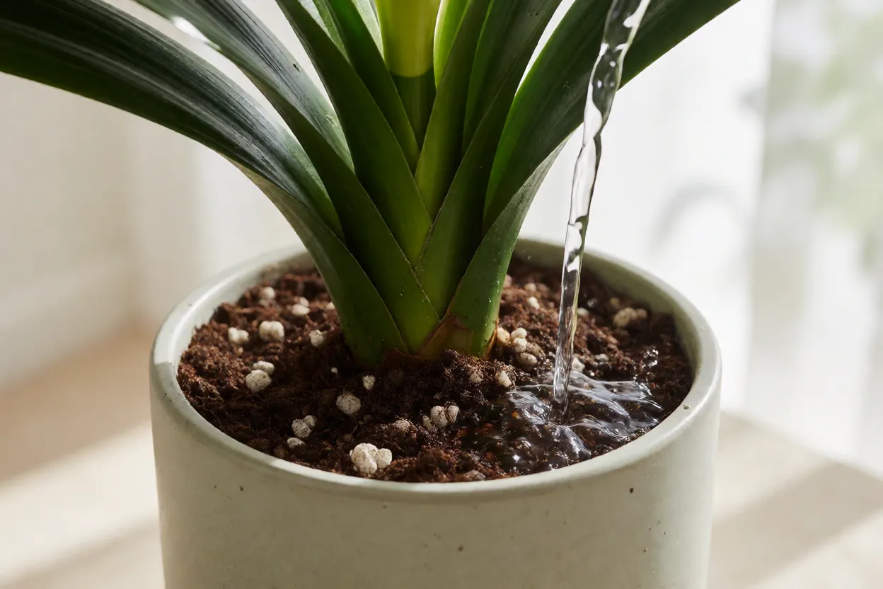 Clívia: características, cores, floração e como cuidar Rega moderada em vaso de clívia com substrato bem drenado