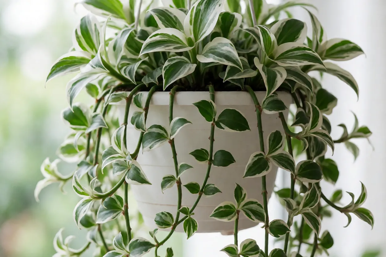 Clorofito variegado adulto em vaso suspenso branco com estolões pendentes
