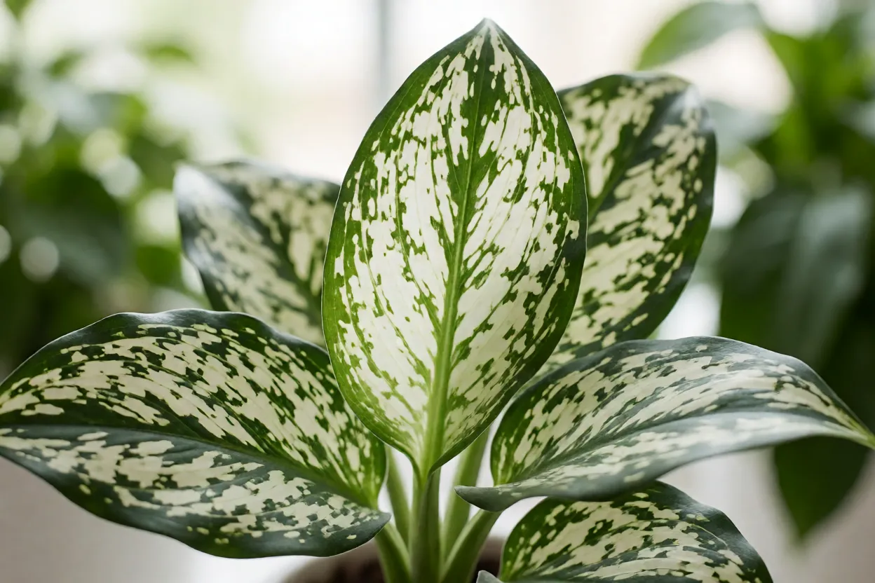 Close das folhas do clorofito variegado com listras brancas e verdes