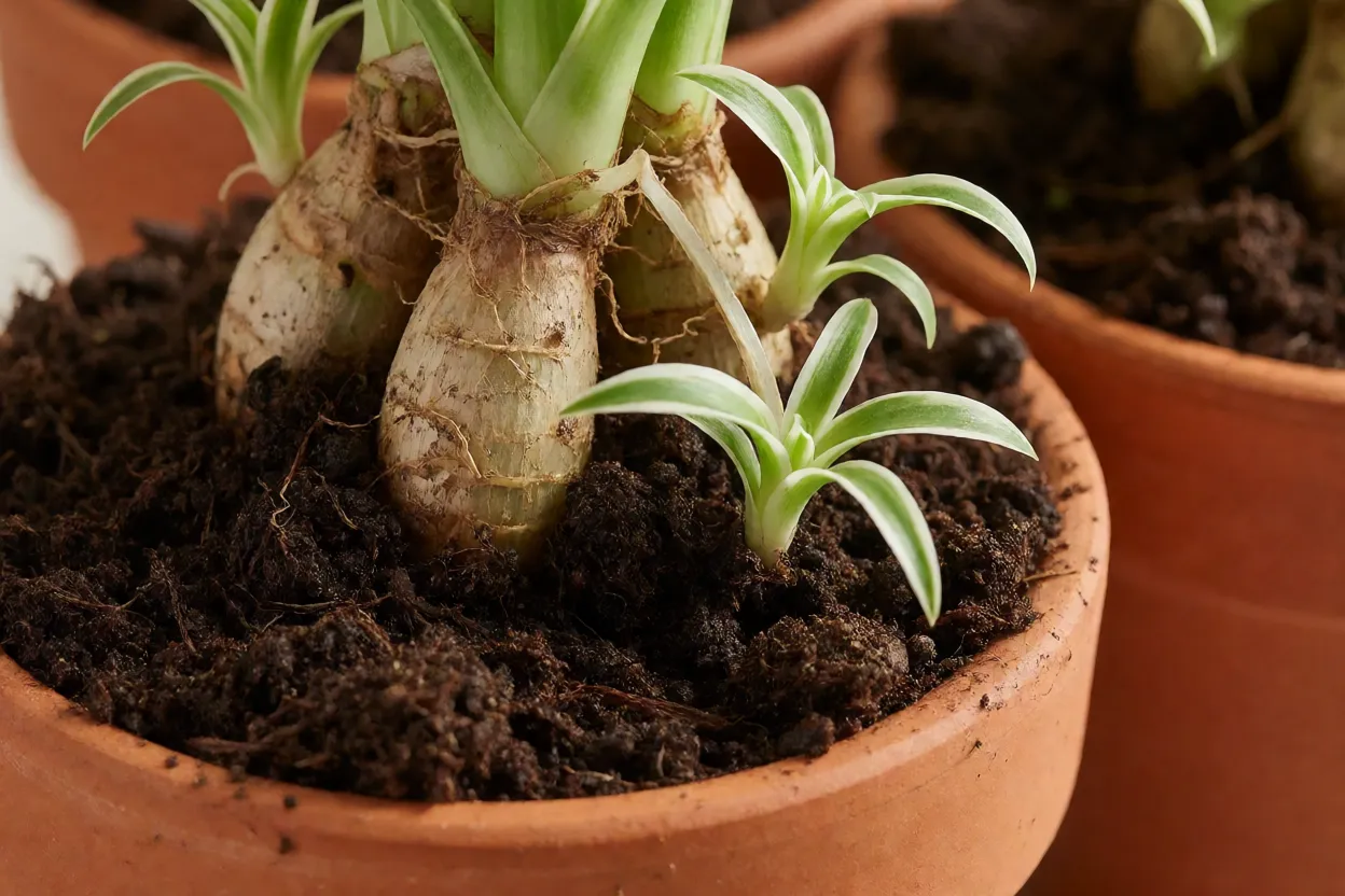 Raízes tuberosas e mudas de clorofito em vasos pequenos
