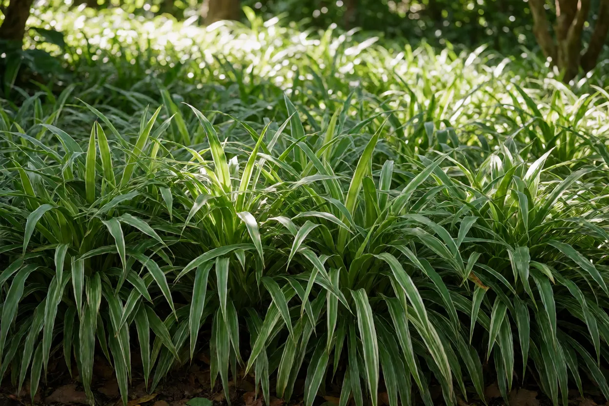 Clorofito verde como forração em canteiro sombreado no jardim