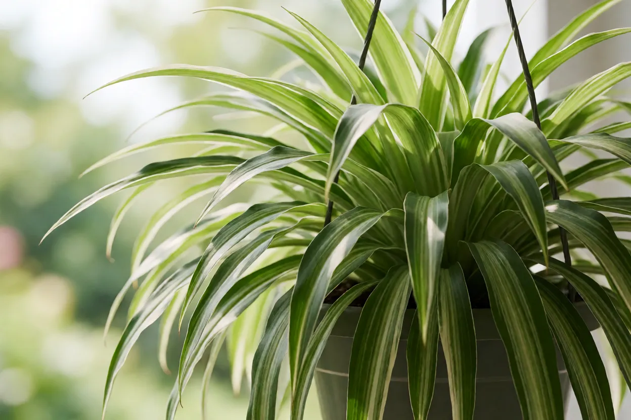 Clorofito Chlorophytum comosum com folhas arqueadas e variegadas em vaso
