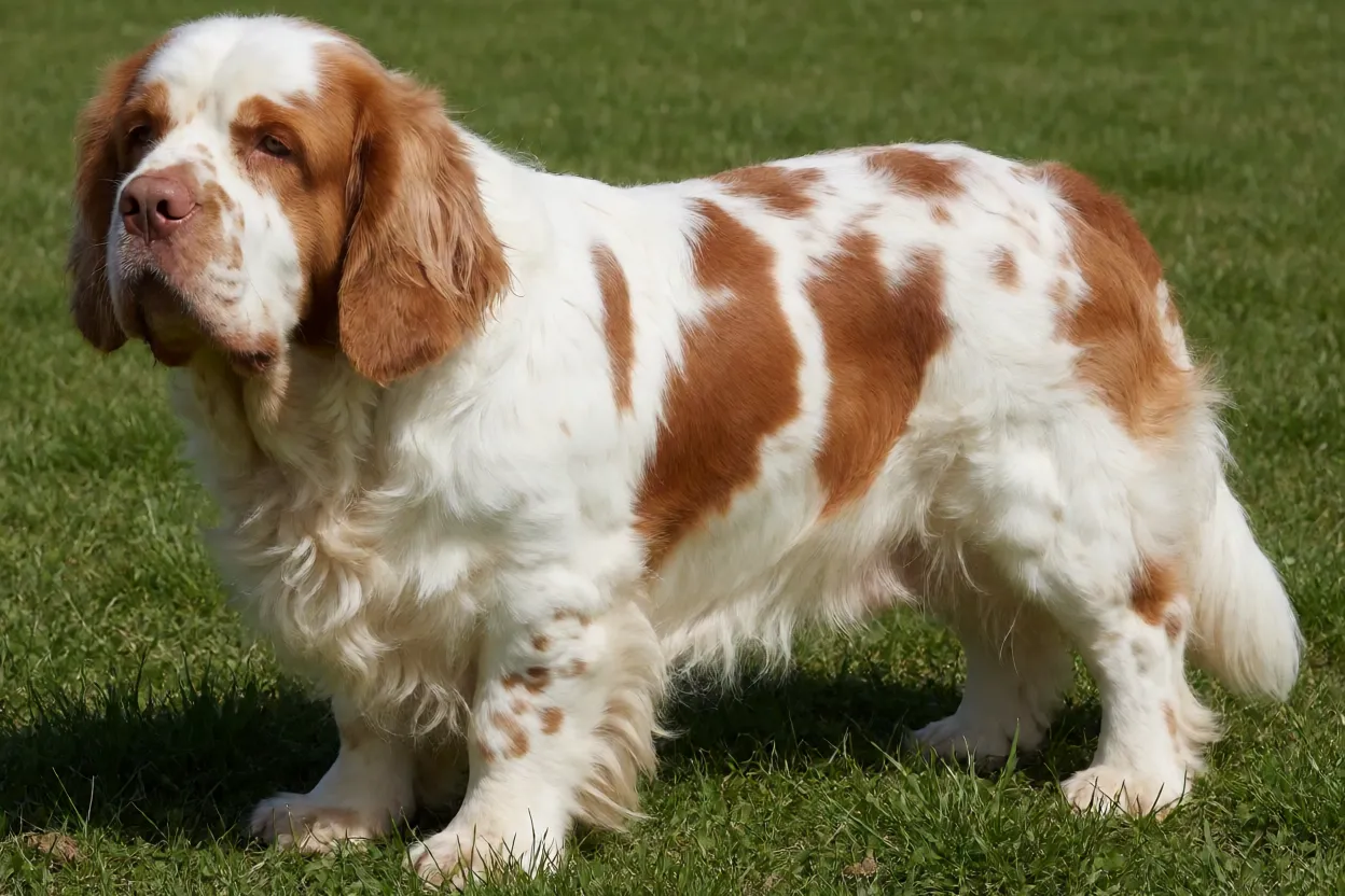 Clumber Spaniel adulto de corpo inteiro em pé na grama, pelagem branca com manchas laranja