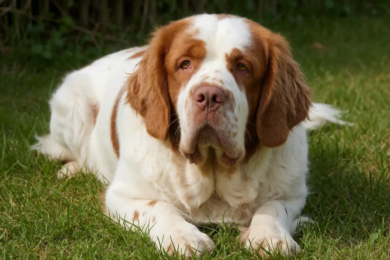 Clumber Spaniel adulto branco com marcas laranja deitado em gramado