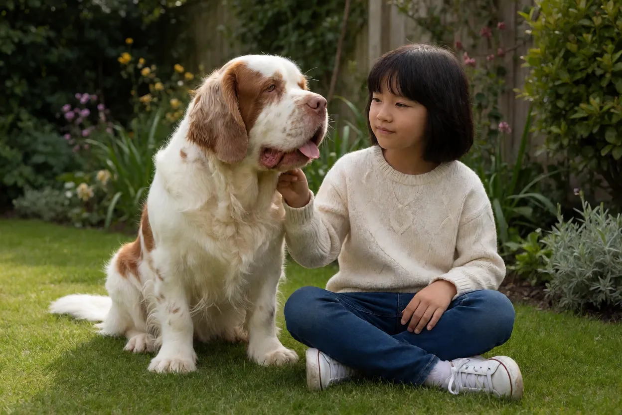 Clumber Spaniel ao lado de crian&ccedil;a em jardim