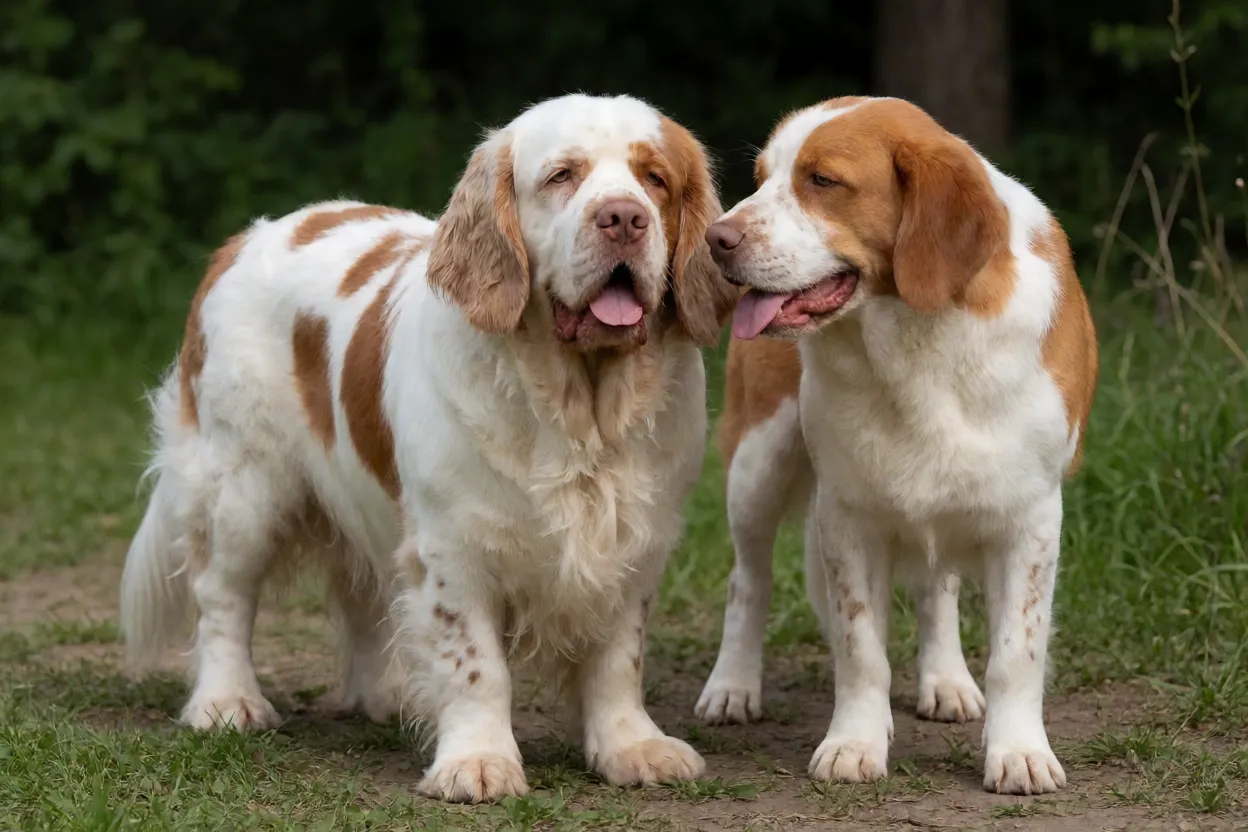 Clumber Spaniel e outro cachorro interagindo pacificamente
