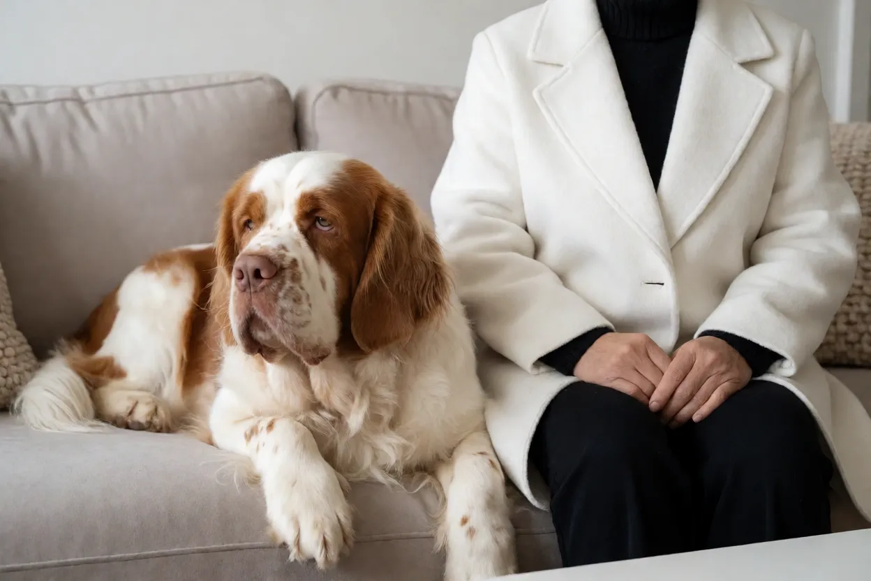 Clumber Spaniel deitado no sof&aacute; ao lado de pessoa