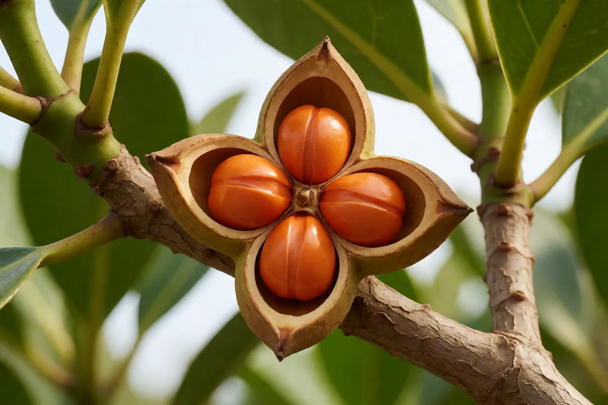 Fruto da clúsia aberto em forma de estrela com sementes alaranjadas
