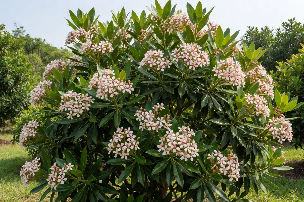 Clúsia-porcelana adulta florida no jardim com flores brancas de centro rosa