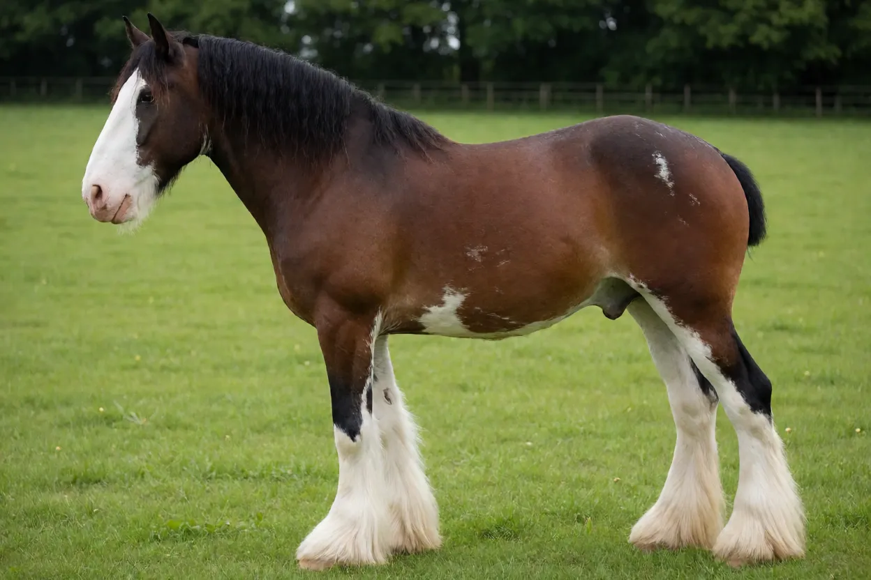 Cavalo Clydesdale adulto castanho de corpo inteiro em pasto verde, mostrando porte grande e pernas brancas com penas