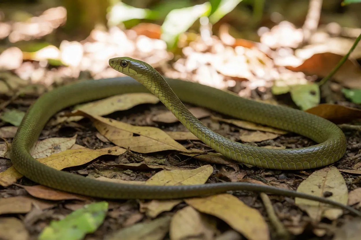 Cobra-chicote Cobra-chicote adulta de corpo fino e alongado sobre folhiço da Mata Atlântica