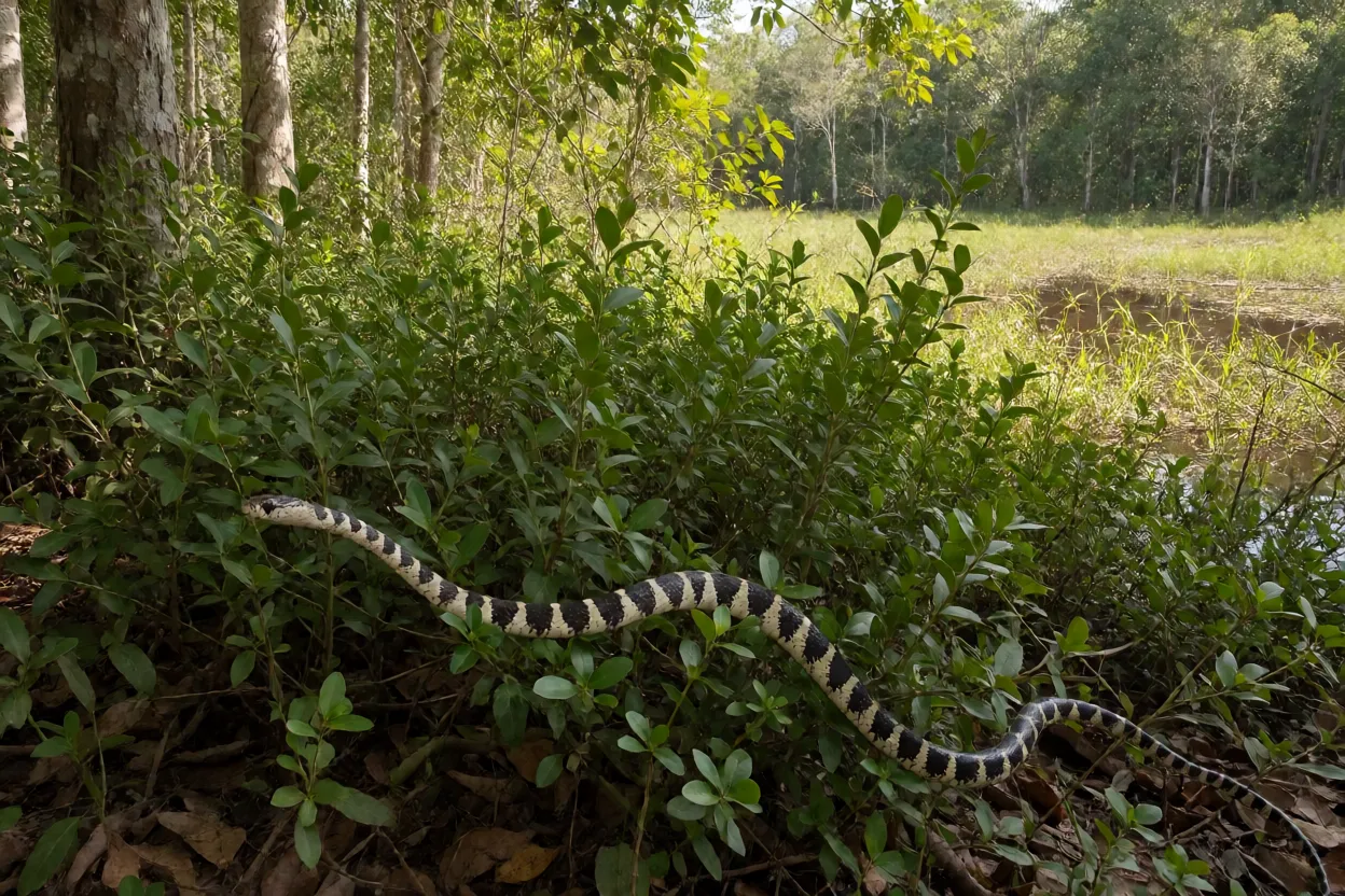Cobra-chicote em habitat natural subindo em arbusto na borda de mata