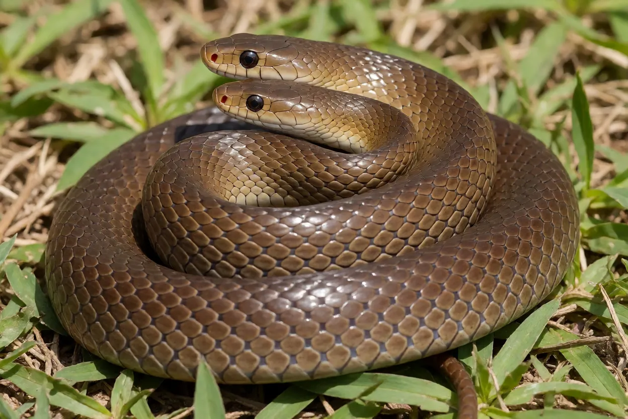 Cobra-chicote em postura defensiva com pescoço levemente achatado