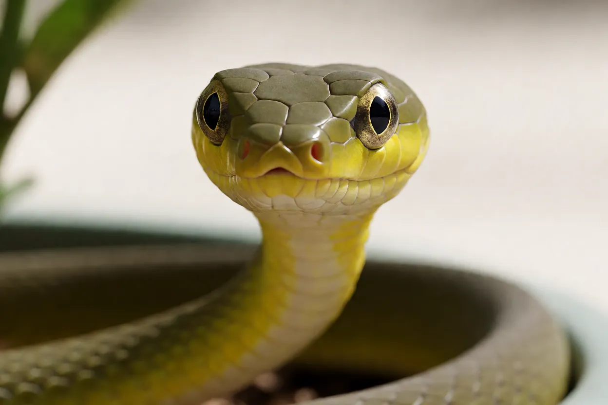 Close da cabeça da cobra-cipó mostrando olhos grandes e pupila redonda
