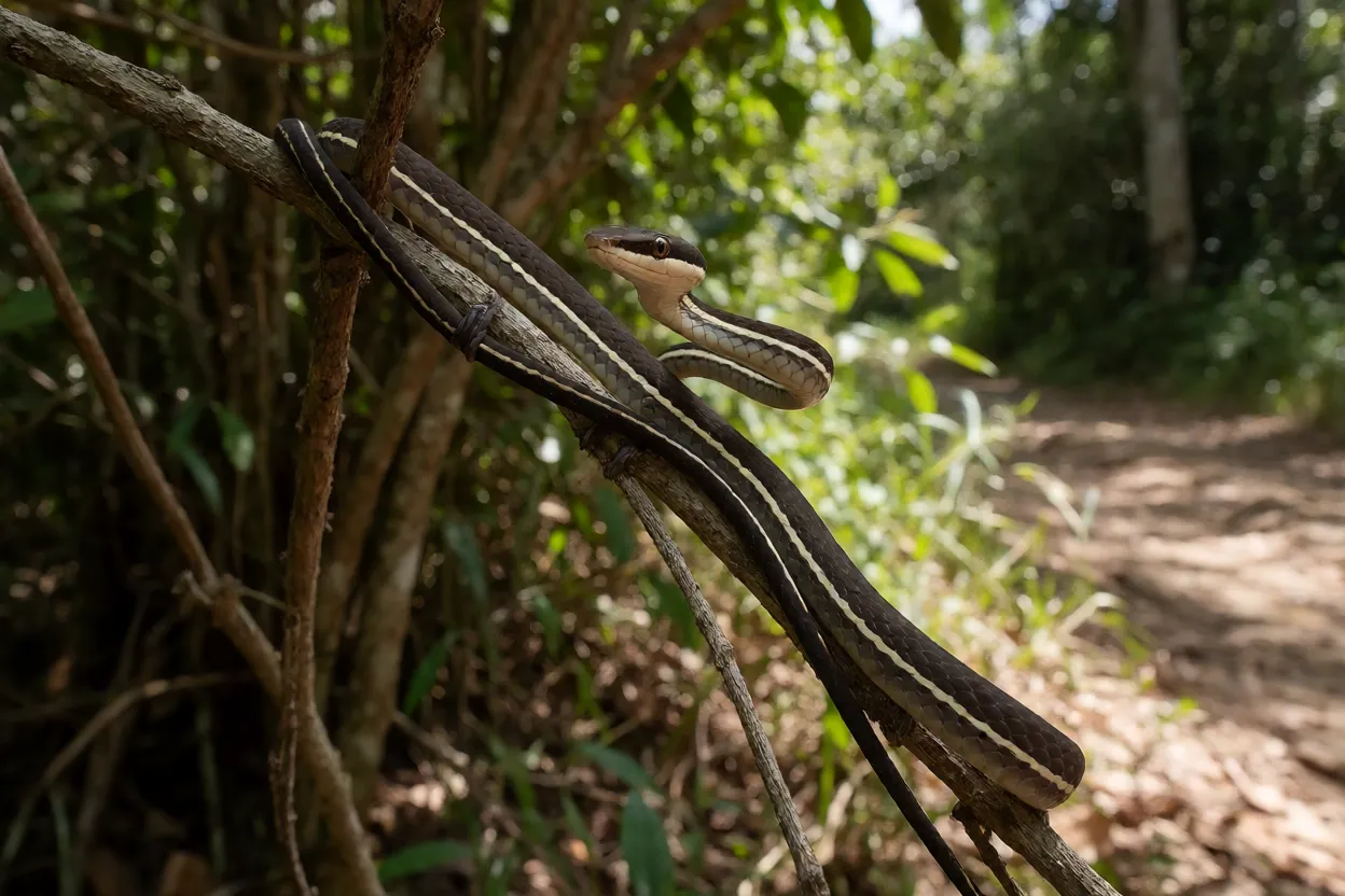Cobra-cipó subindo em arbusto fino na borda da Mata Atlântica
