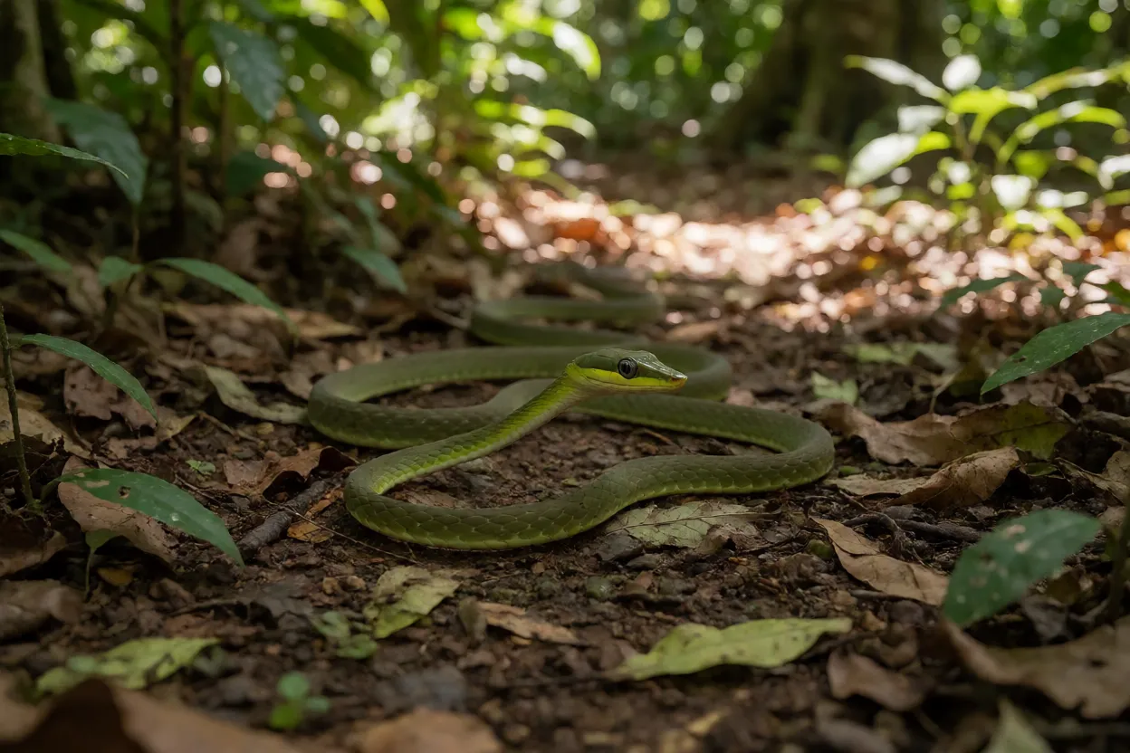 Cobra-cipó em postura defensiva com pescoço achatado