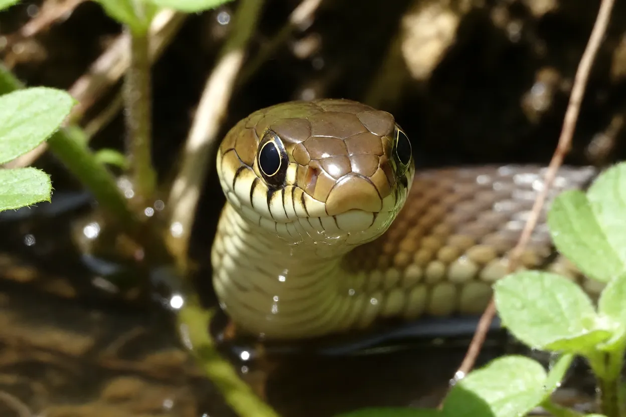 Close da cabeça da cobra-d’água mostrando olhos de pupila redonda e escamas da cabeça