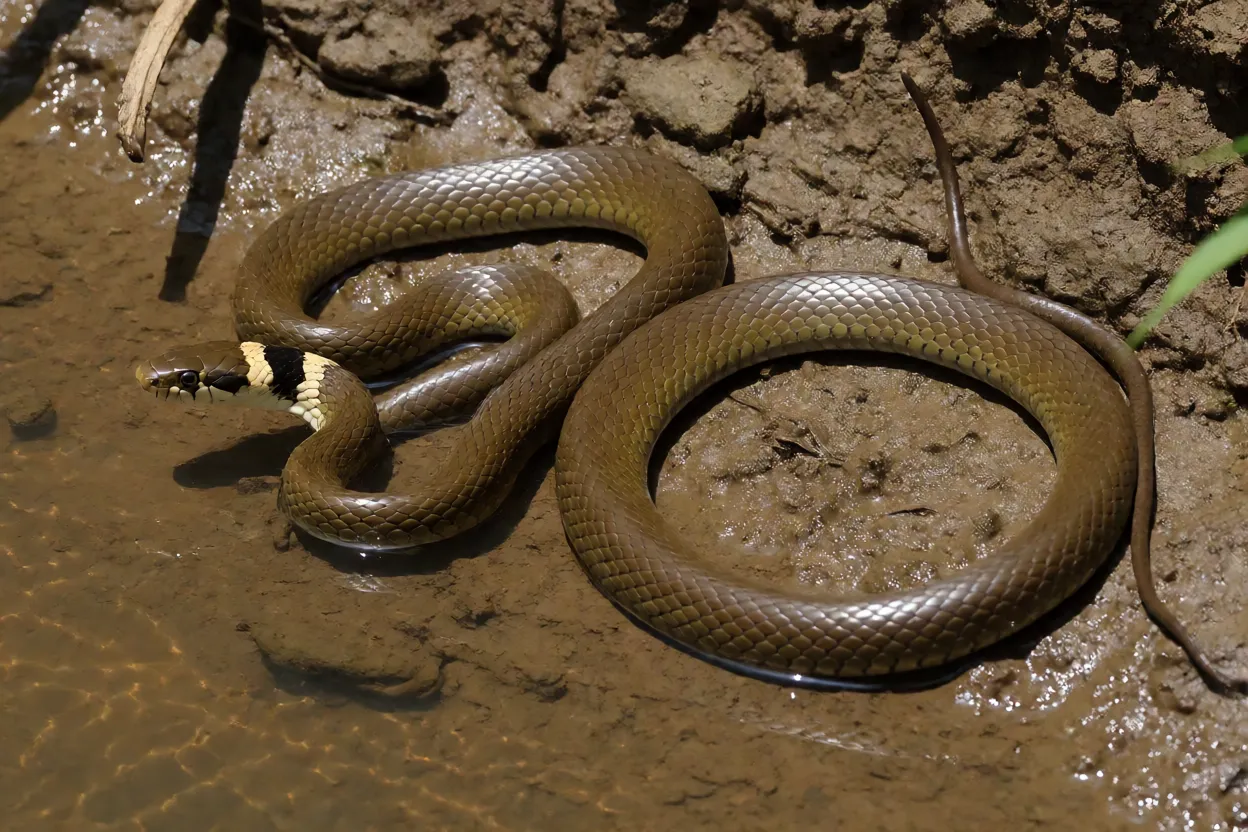 Cobra-d'água-de-colar adulta de corpo inteiro na margem de rio