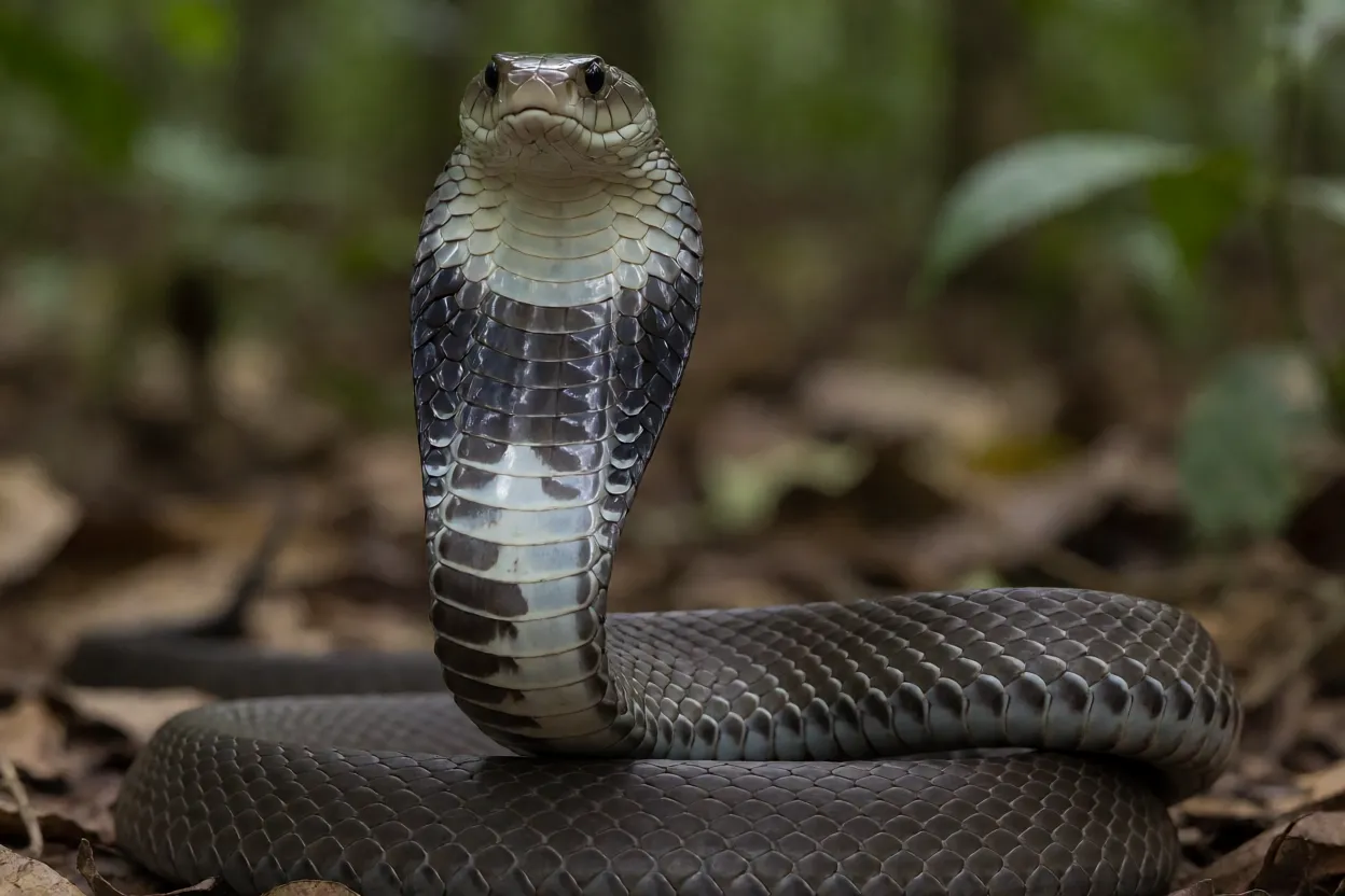 Cobra-de-capelo em postura defensiva com corpo erguido e capelo aberto