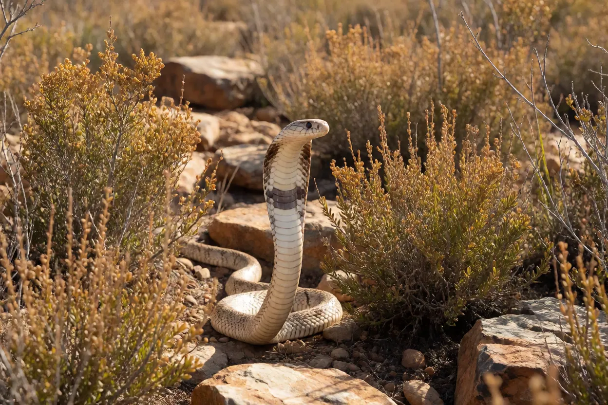 Cobra-de-capelo-do-Cabo em habitat natural de fynbos com rochas