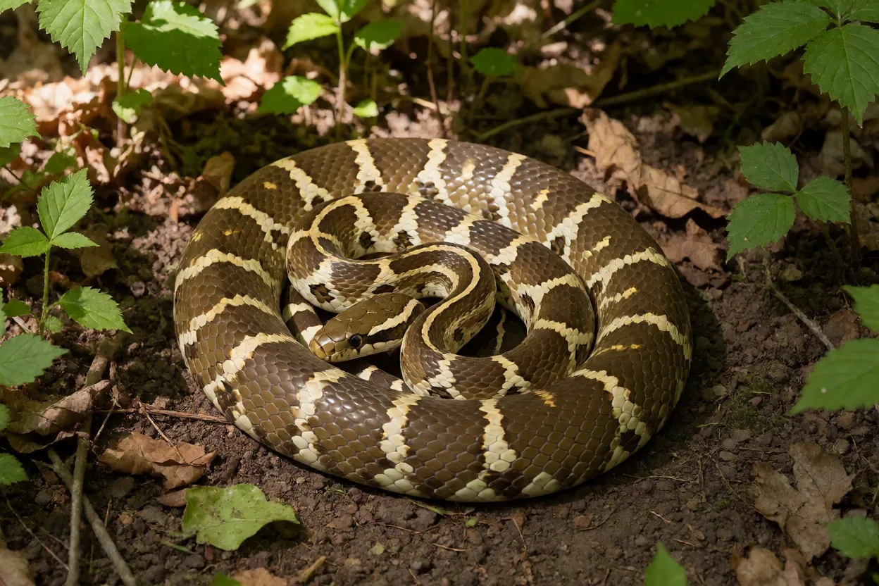 Cobra-de-Esculápio adulta enrolada no chão da floresta com coloração oliva uniforme