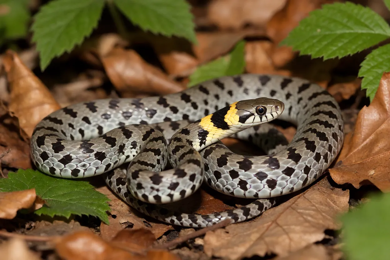 Filhote de Cobra-de-Esculápio com colar amarelo na nuca