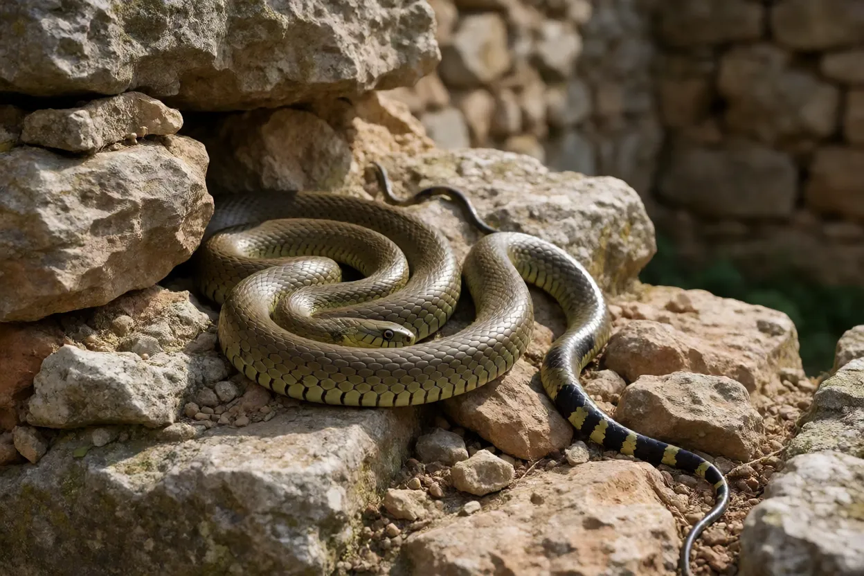 Cobra-de-Esculápio em habitat de muro de pedra e ruínas