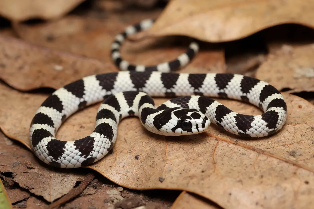 Filhote de cobra-de-ferradura sobre folhas secas
