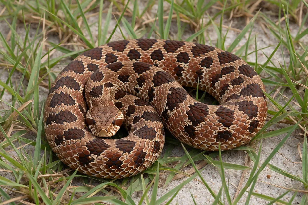 Cobra-de-focinho-de-porco adulta de corpo inteiro sobre campo arenoso